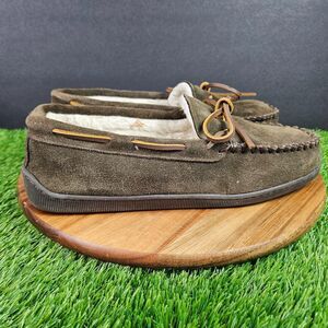Minnetonka Slippers Mens 10.5 W Pile Lined Moccasins Slip On 3908 Brown Leather